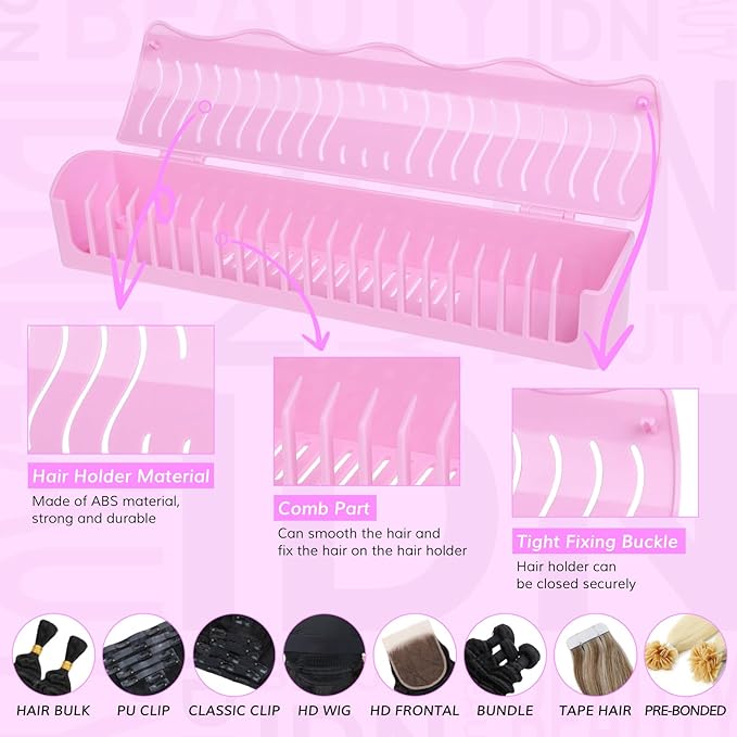 IDN BEAUTY Hair Extension Holder Stand for Styling, 4 Installation Modes With Tool, Hair Extension Holder Designed to Securely Hold Your Extensions for Washing, Styling, Packing and Storing (Pink)