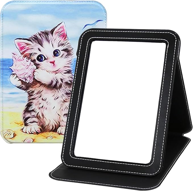 Foldable Travel Makeup Mirror PU Leather with Adjustable Stand, Desktop Portable Folding Rectangular Vanity Mirror for Travel, Camping, Office, 7x9 Inches