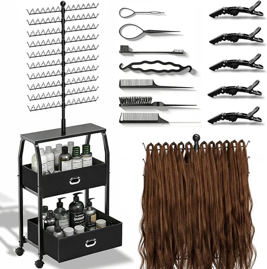XINTUO Portable Braiding Hair Rack with Wheels & Storage Drawers,280 Pegs Hair Extension Holder Hanger for Braiding Hair Separator Stand Display,Hair Rack with Stylist Hair braiding Tools(Black)