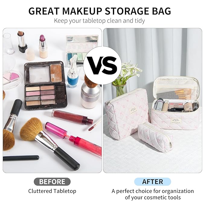 senbowe Floral Makeup Bag, 3 Pack Large Cotton Quilted Makeup Bag Set, Cute Floral Coquette Aesthetic Toiletry Bag Make Up Cosmetic Bag for Women, Toiletry Travel Make Up Organizer Bag