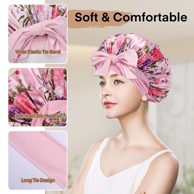Arqumi 2 Pcs Satin Silk Bonnet for Sleeping Women, Long Strap Tie Band Adjustable Sleep Night Cap Curly Hair Bonnet Wrap for Braids Mother's Day Girls Gifts, Black + Pink Flower Pattern (Large)