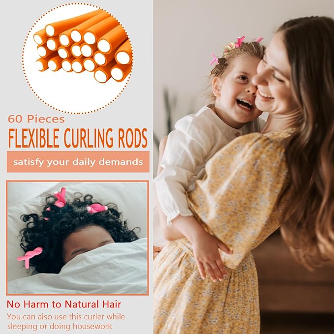 60 Flexible Foam Curling Rods, Twist Hair Rollers with Steel Pintail Comb for Long & Short Hair (9.45 x 0.31, Orange, No Heat)