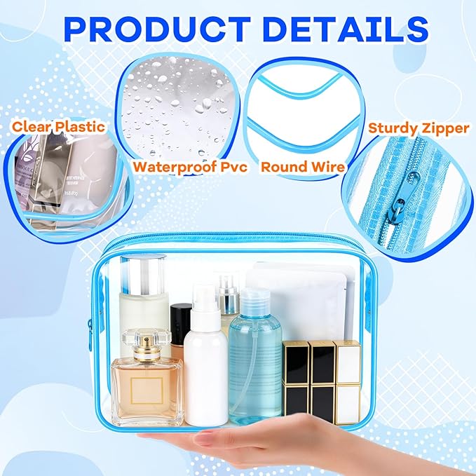 Clear Cosmetic Bag Transparent Makeup Bag for Women Men Waterproof Travel Makeup Clear Toiletry Organizer Cosmetic Storage Pouch Case with Zipper (12, Blue, Medium)