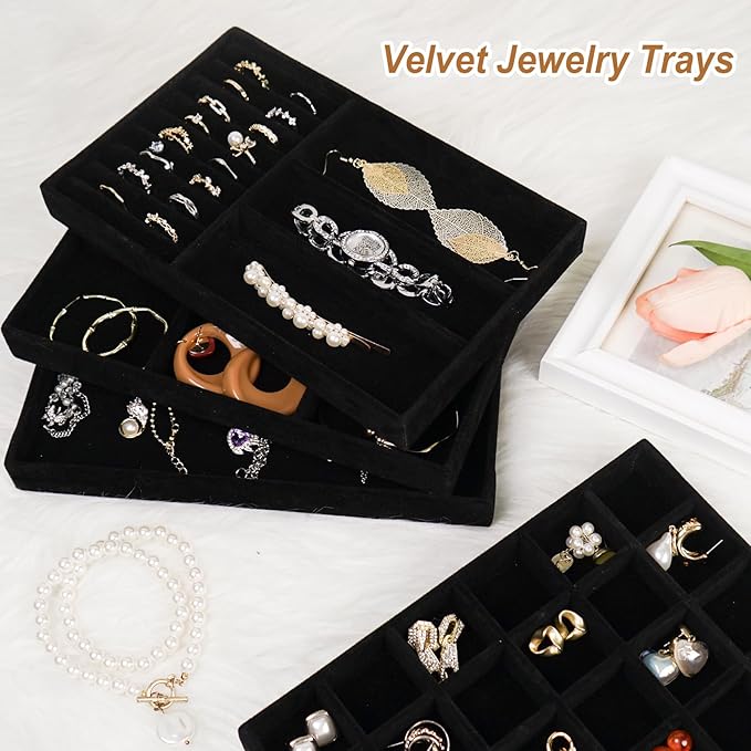 Cirhy 4 Stackable Jewelry Trays Organizer Set for Drawer, Jewelry Organizers and Display Case Storage, Velvet Drawer Inserts Organizer for Necklace Bracelets Earrings Organizer, Gift For Her, Black