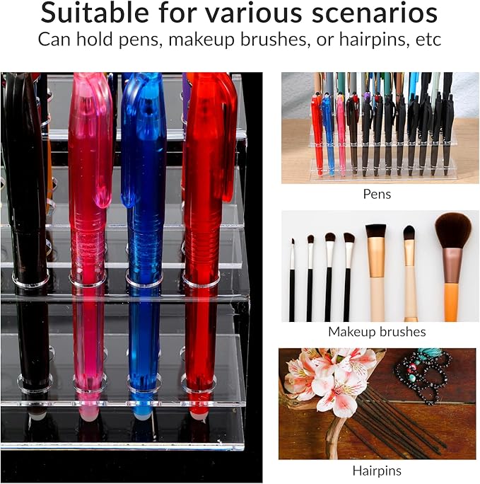 48 Holes Pen Display Stand, Acrylic Pencil Holder for Craft Shows, Clear Makeup Brush Rack, Beaded Eyebrow Art Brush Organizer, Makeup Tool Organizer for School Office Home Retail Store