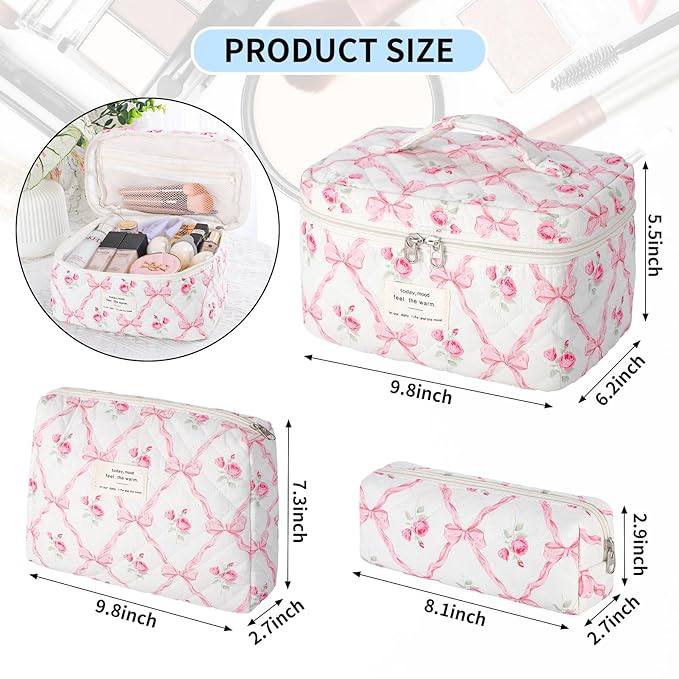 senbowe Floral Makeup Bag, 3 Pack Large Cotton Quilted Pink Bow Makeup Bag Set, Cute Floral Coquette Aesthetic Toiletry Bag Make Up Cosmetic Bag for Women, Toiletry Travel Make Up Organizer Bag
