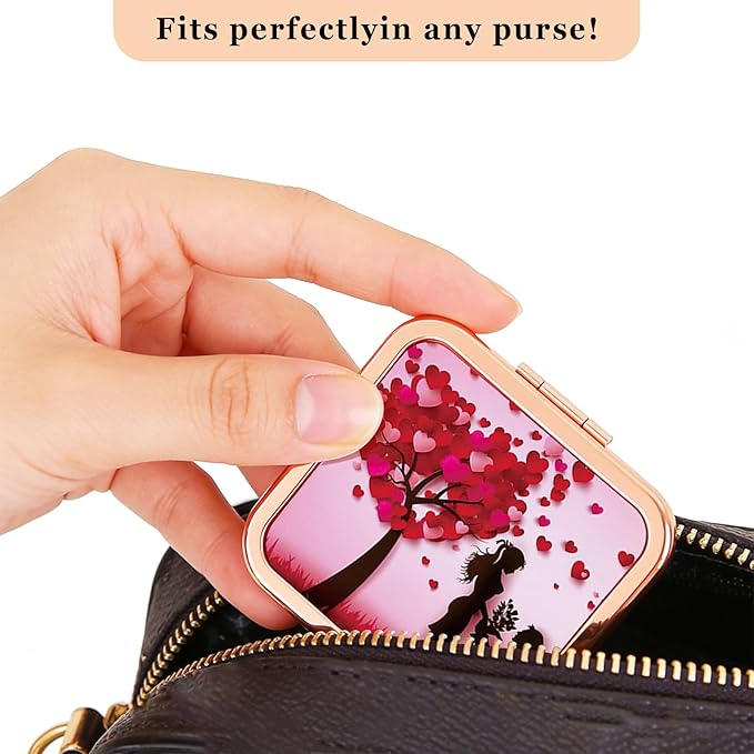 Romantic Love Heart Compact Mirror for Women, Portable Folding 2X Magnifying Makeup Mirror with Proposal Silhouette Design, Rose Gold Travel Pocket Mirror for Purse, Valentine's Day Gift