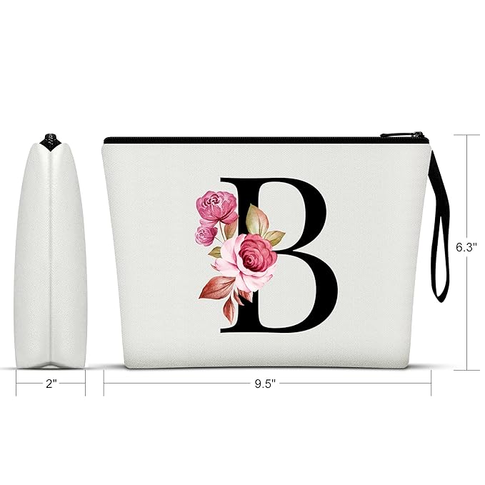 Vavabox A-Z Personalized Makeup Bag, Birthday Gifts for Women Mom, Gifts for Best Friend, Bride Bridesmaid Cosmetic bag (B, White)