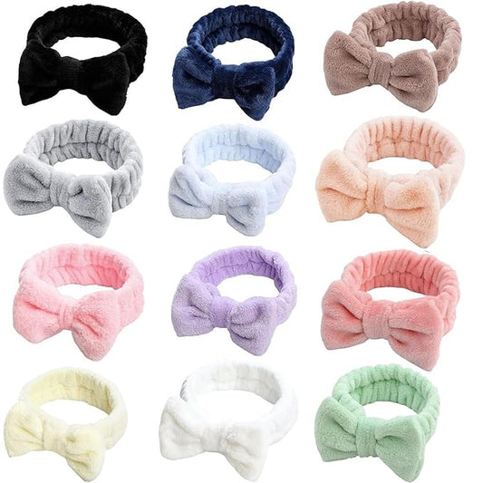 12pcs Spa Headband Soft Bowknot Spa Hair Band Coral Fleece Headband Makeup Headbands for Face Washing Skin Care Shower Yoga Headwraps for Women Girls (Pure Colour Pattern)