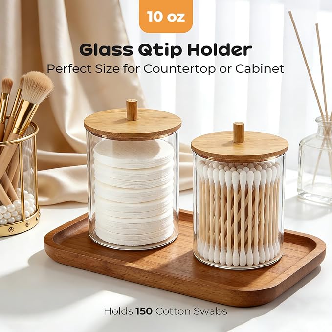Glass Qtip Holder Dispenser Set - 10oz Cotton Swab Holder with Bamboo Lids, Bathroom Canisters Apothecary Jar Vanity Storage Organizer for Cotton Balls Pads, Floss Picks (2 Pack)