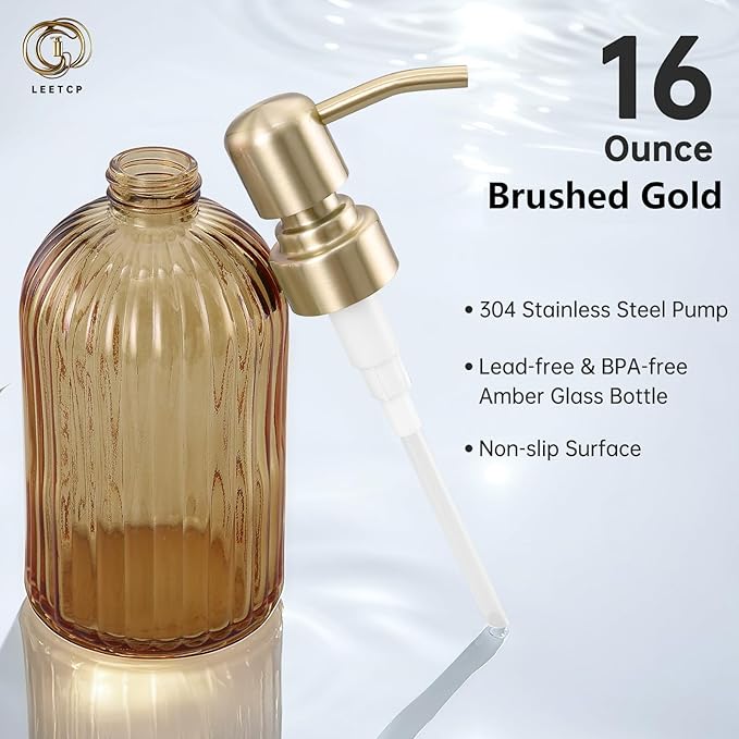 16 OZ Amber Glass Soap Dispenser, Amber Stripe Bathroom Hand Soap Dispensers with Stainless Steel Brushed Gold Pump,Brown Glass Kitchen Hand Soap Dispenser with Brushed Gold Pump