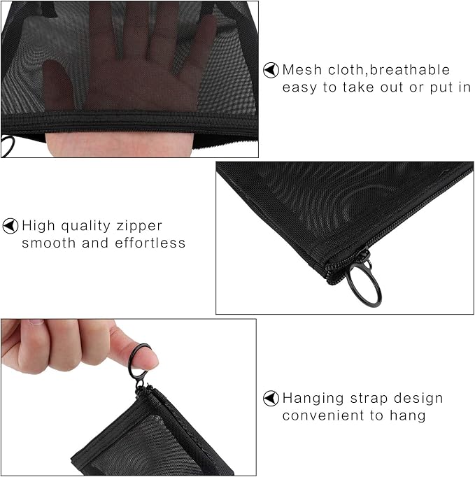 Boao 3 Piece Mesh Cosmetic Bag Mesh Makeup Bag with Zipper Pouch Travel Toiletry for Makeup Organizer Home Office Travel Accessories(Black)