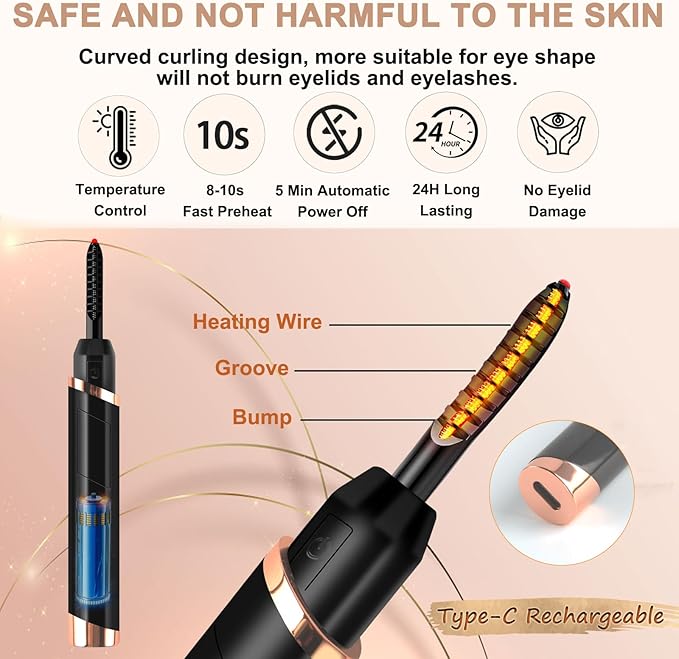 Heated Eyelash Curler, Electric Eyelash Curler, Rechargeable Lash Curler for Makeup Natural Curling Eye Lashes and 24 Hours Long Lasting - Black 2026 Updated New Model B