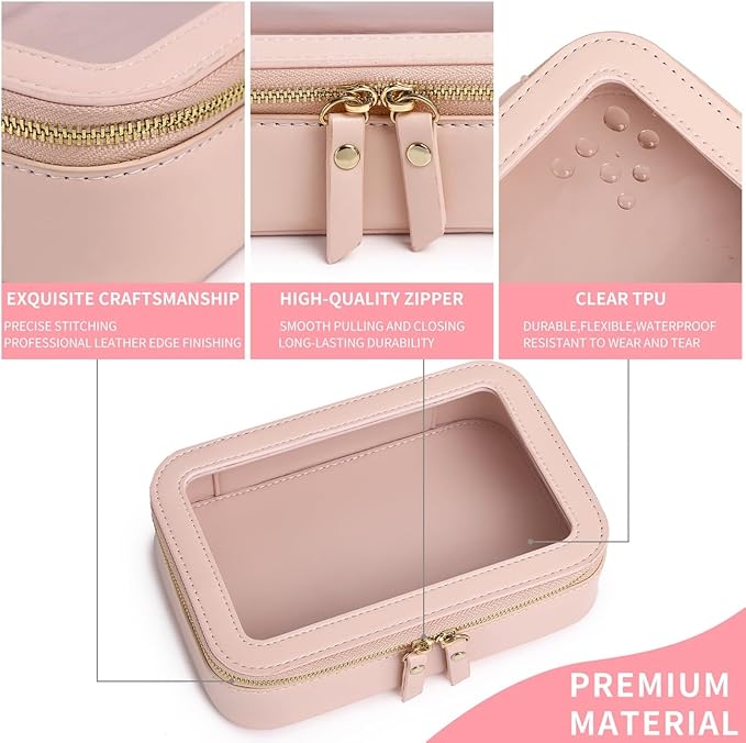 Clear Makeup Bag Small Cosmetic & Toiletry Bag Waterproof Travel Case Women's Pouch Organizer Makeup Bag for Car with Zipper (Pink, Small-1)