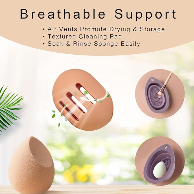 Silicone Makeup Brush Holder Set – Portable Travel Makeup Brush Holder with Makeup Sponge Holder and Foldable Cleaning Bowl – Upgraded 3-in-1 Cosmetic Organizer Set (coffee color)