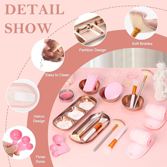 28 Rose Gold Facial Supplies 3 Facial Mask Mixing Bowls 3 Facial Fan Brushes 3 Mask Applicator Brushes 3 Mask Measuring Spoons Skincare Tray 3-Compartment Tray 12 Facial Sponges 2 Spa Headbands