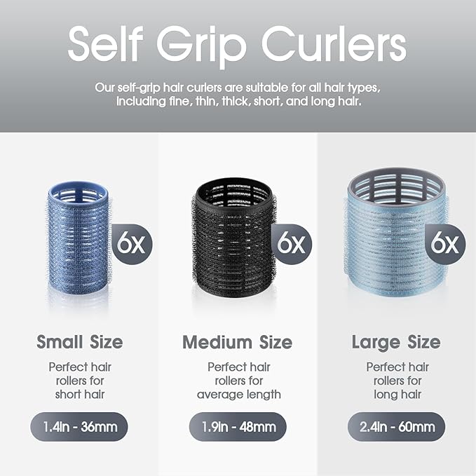 9pcs Hair Rollers Set, Heatless Curlers for Long Medium Short Hair, Self Grip Hair Rollers 3 Sizes in 1 Set, Dark Blue
