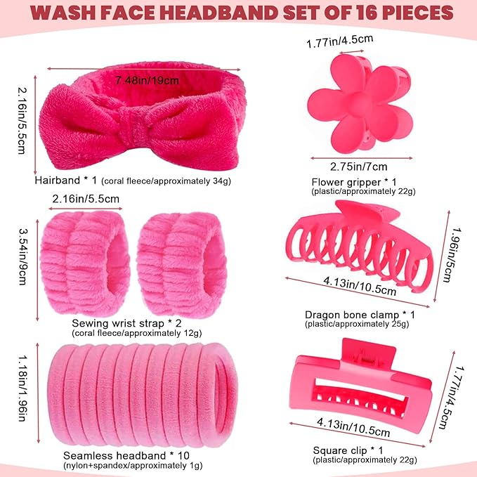 16 Pcs Skincare Headband Set, Face Washing Headband with Wristbands, Hair Claw Clips & Hair Ties, Spa Headbands for Women Girls, Perfect for Facial, Makeup, Shower, Gift Ready Box