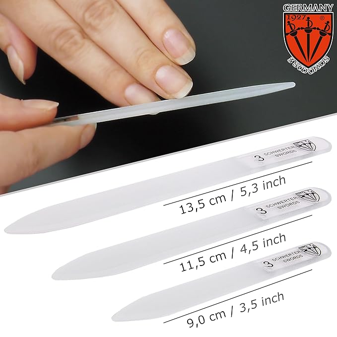 3 Swords Germany - Brand Quality Glass Nail File Set, 3 Pieces, Perfect for Natural Fake Gel Artificial Acrylic fingernail, incl. Black Plastic case