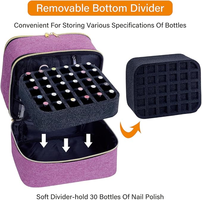 UOZL Nail Polish Organizer, Handheld Double Layer Organizer Holds 30 Bottles (15 ml/0.5 floz) with Adjustable Dividers for Nail Polish Small Manicure Lamp Manicure Tools Essential and Travel,Purple