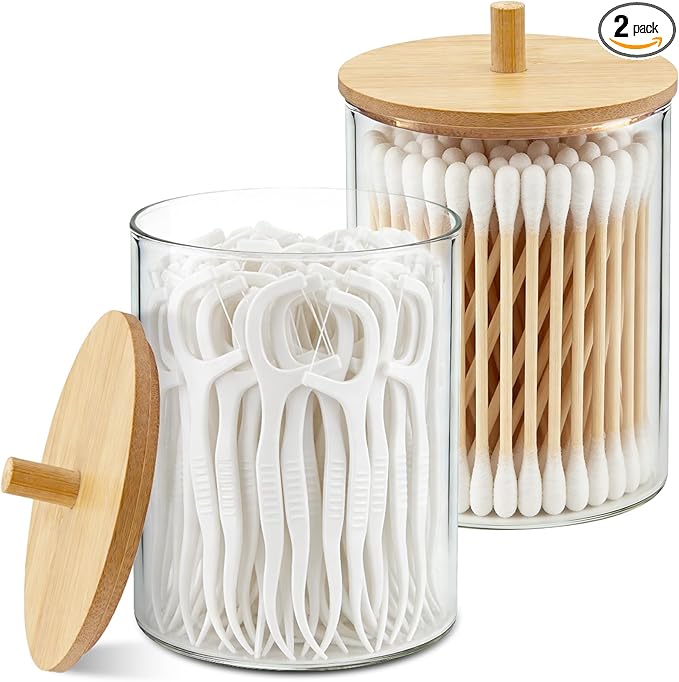Glass Qtip Holder Dispenser Set - 10oz Cotton Swab Holder with Bamboo Lids, Bathroom Canisters Apothecary Jar Vanity Storage Organizer for Cotton Balls Pads, Floss Picks (2 Pack)