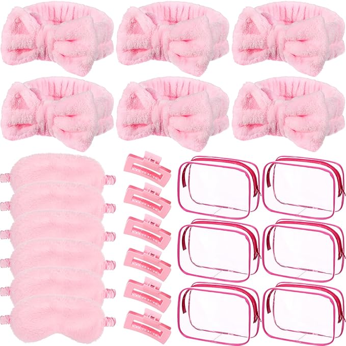 Hoteam 24 Pcs Galentine Spa Party Favors Supplies 6 Spa Headband 6 Plush Sleep Eye Mask 6 Hair Claw Clips 6 Clear Cosmetic Bags for Adult Sleepover Slumber Party Valentine Gift(Pink)