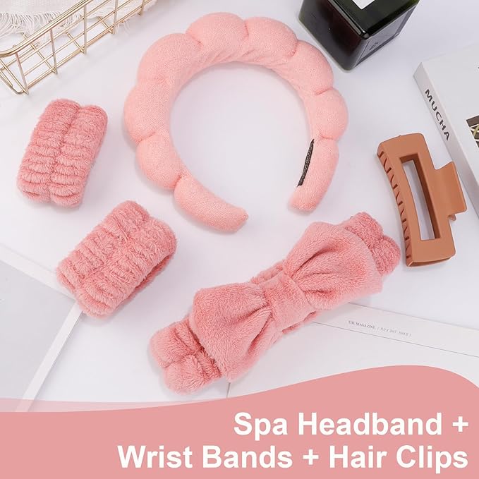 Canitor Spa Headband Wrist Bands Set with Hair Clips Skincare for Washing Face Skin Care Puffy Makeup Headband Preppy Teen Girl Gifts Cute Trendy Stuff Hair Accessories for Women