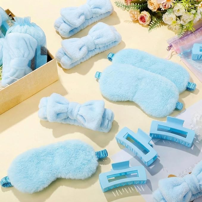 48 Pcs Galentine Spa Party Supplies Sleepover Essentials 12 Spa Headband 12 Plush Eye Mask 12 Claw Clips 12 Organza Bag for Adult Slumber Party Supplies Valentine Gift(Blue)
