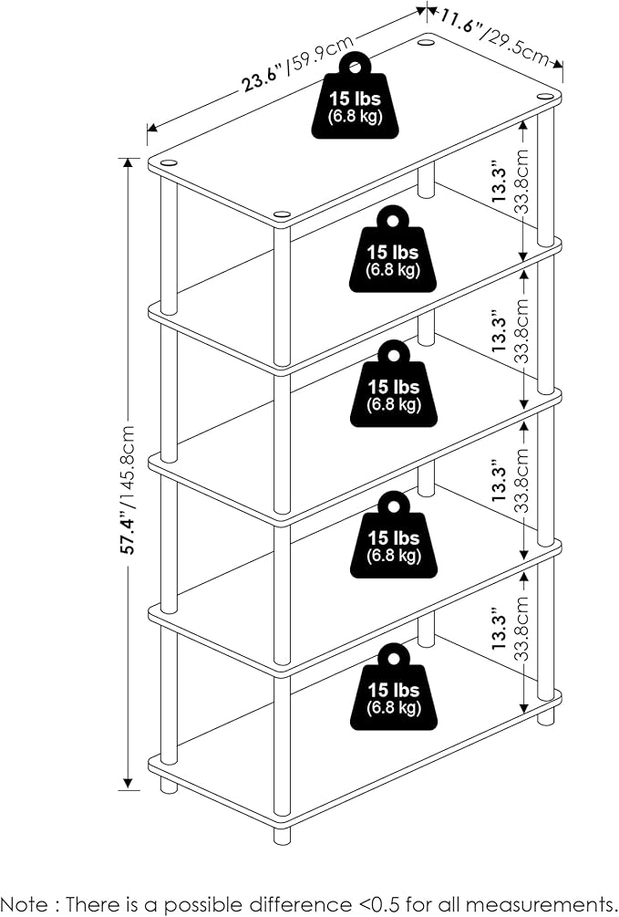 Furinno TURN-N-TUBE Storage Shelves, 5-Tier Book Shelf, Corner Shelf, Toolless Open Shelves, for Organization and Storage, Living Room, Garage, Home Office, Walnut
