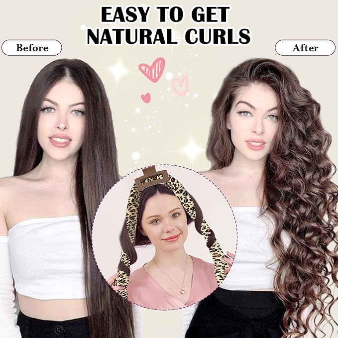 ZILAMPU No Heat Hair Curlers to Sleep In - 70" Soft Overnight Headband Wrap for Women Long Wave Curls, 9 PCS Rollers Gifts Set - Leopard Print