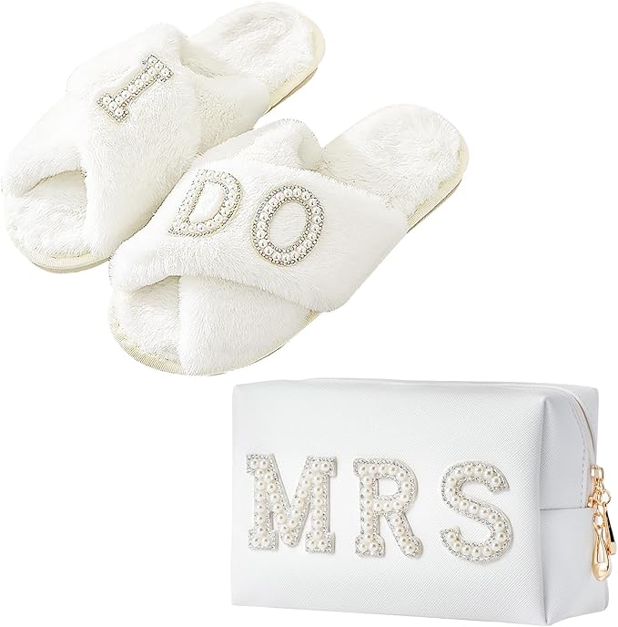 Generic Bride to Be Gift Set, Bridal Shower Gift, MRS Gifts, Bachelorette Gifts for Bride, Bride Slippers I Do Slippers Bride Makeup Bag MRS Makeup Bag Bride Cosmetic Bag Bride MRS Patch, 8.5-9.5