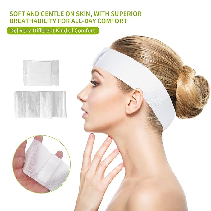 MoyRetty 50 Pack Disposable Headbands for Spa & Facials - Stretchable Non-Woven Facial Headband with Adjustable Magic Tape | Esthetician Supplies, Soft Hair Bands for Skincare, Makeup, Salon