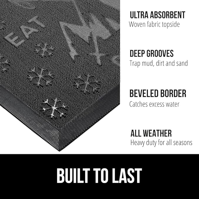 GORILLA GRIP 100% Waterproof All-Season WeatherMAX Doormat 35x23, US Designed Natural Rubber, Stain and Fade Resistant, Low Profile Indoor Outdoor Door Mats, Easy Clean Patio Mat, Graphite Skiing