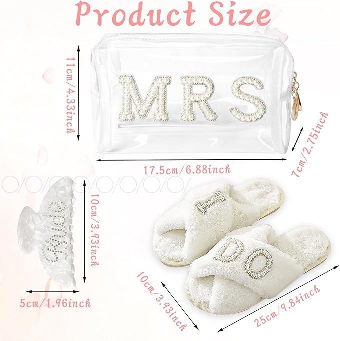 Bride To Be Gift Set Includes I Do Bride Slippers Clear Mrs Makeup Bag Bride Cosmetic Bag Clear Makeup Pouch Toiletry Bag Bride Hair Claw Wedding Gifts Bridal Shower Gift Mrs Gift