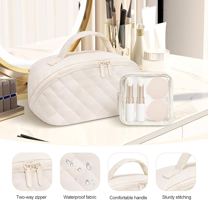 Makeup Bag, Quilted Makeup Bag, Puffy Travel Make up Bags, Cosmetic Organizer Bag, Waterproof Toiletry Bag for Women