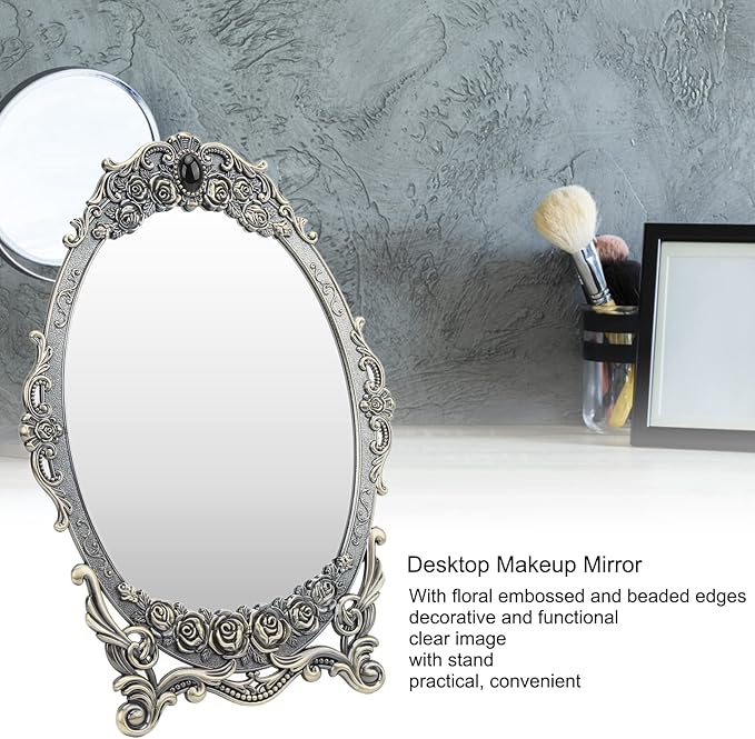 Cyrank Vintage Makeup Mirror, Oval Floral Mirror Decorative Tabletop Makeup Metal Vintage Cosmetic for Home Decorative(Bronze)