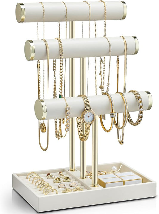 VLANDO 3 Tier Bracelet Holder Organizer with Tray - Leather Jewelry Stand Organizer for Women - Jewelry Holder Display for Necklace, Watches, Rings, Earrings, Bangle, Scrunchie - Cloud White