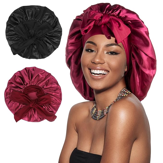 Arqumi Pack of 2 Satin Sleeping Bonnet, Large Sleep Bonnet with Elastic Long Strap, Adjustable Sleep Cap Hair Bonnet for Women & Men,Black+Red