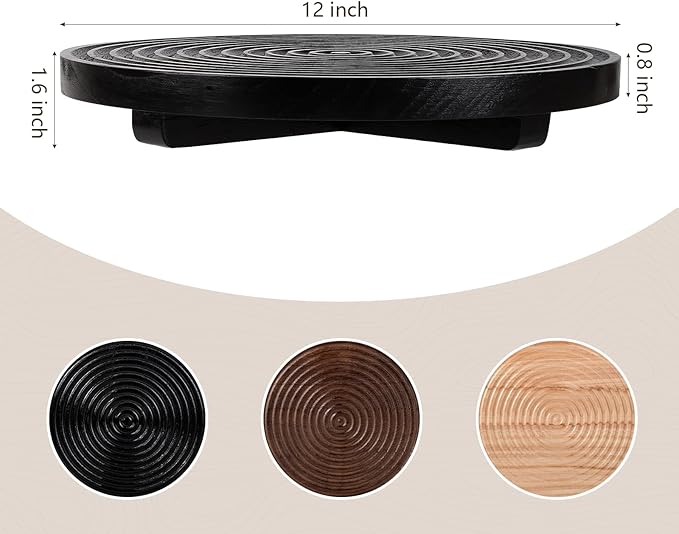 Round Decorative Tray Framhouse Bathroom Decor Wood Riser Kitchen Countertop Organizer for Perfume, Candle, Plant, 12 inch Black