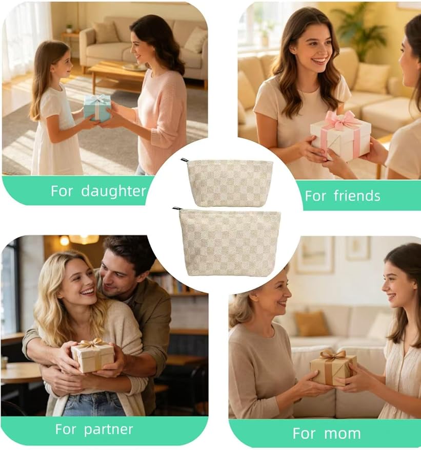 2-Pack Beige Checkered Makeup Bag Set - Large Capacity Cosmetic Organizer Pouch | Travel Toiletry Bag for Women Girls