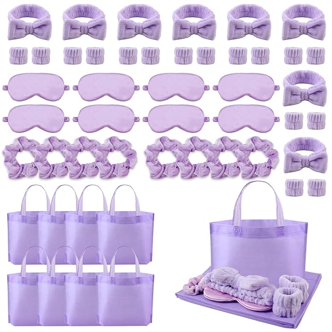 48 Pcs Sleepover Supplies for Girls Skincare Headband and Wristband Set Eye Mask Hair Scrunchie Tote Bag Spa Party Supplies Sleeping Stuff Accessories for Slumber Spa Party Favors Gift