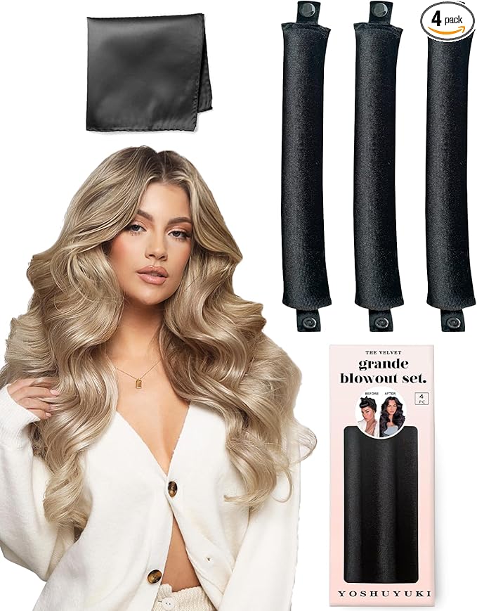 Grande Heatless Curls Overnight Rods No Heat Hair Curlers to Sleep Jumbo Foam Large Hair Rollers for Long Short Hair Heatless Curling Rod Set with Satin Wrap for Sleeping Black