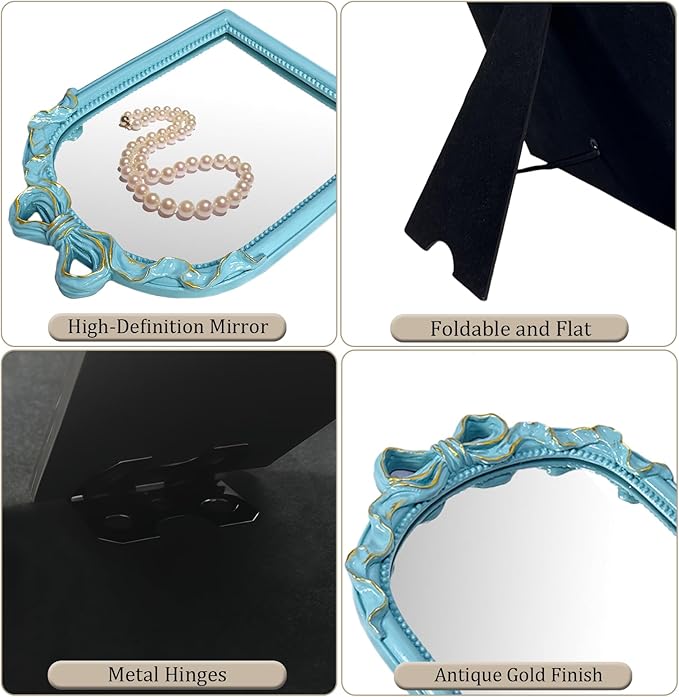 Blue Bow Mirror - 13x10 Inch Perfect Elegant Decorative Accent, Wall-Mounted Tabletop Makeup Mirror for Nursery Baby Room Bedroom Decor
