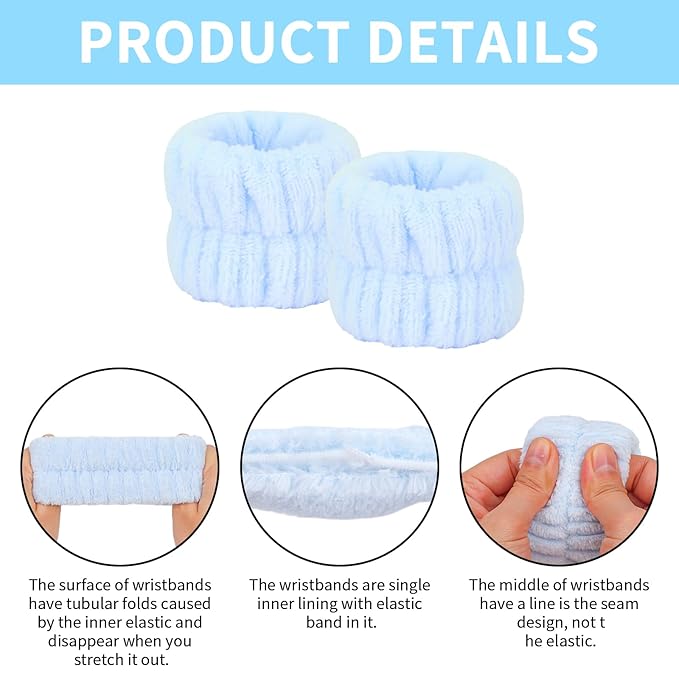 6Pcs Blue Spa Set, Skincare Wrist Washbands, Terry Cloth Headbands for Face Washing
