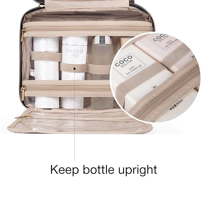 BAGSMART Toiletry Bag Travel Bag with Hanging Hook, Water-resistant Makeup Cosmetic Bag Travel Organizer for Accessories, Shampoo, Full-size Container, Toiletries (Beige Ditsy Floral, Medium)