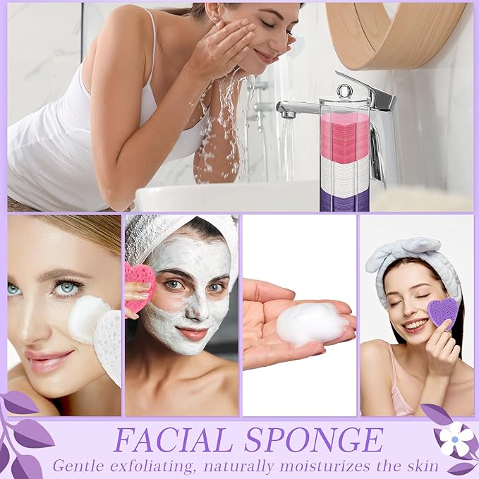 Sieral 120 Pcs Compressed Facial Sponges with Container Disposable Face Sponge Pads for Washing Face Cleansing Exfoliating Esthetician Makeup Removal(Heart,Multicolor)