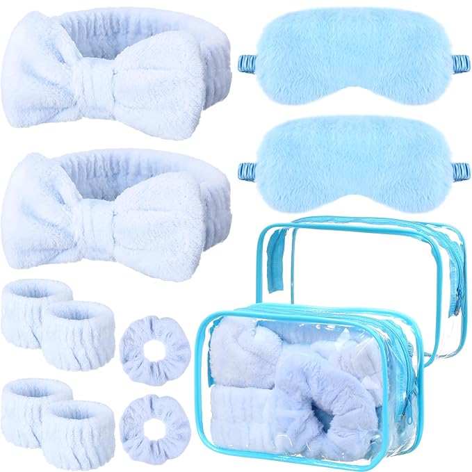 Hoteam 10 Pcs Galentine Spa Party Supplies Valentine Gift Set Sleepover Party Favor Spa Headband Wristband Sleep Eye Mask Velvet Scrunchies for Skin Care Makeup Slumber Night Favor(Blue)