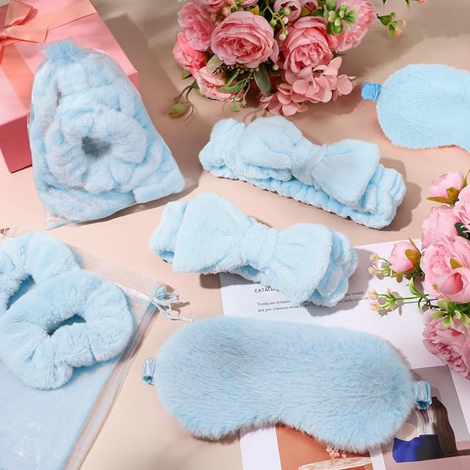 Mimorou 48 Pieces Galentine Spa Party Supplies 12 Spa Headband 12 Plush Sleep Eye Mask 12 Velvet Scrunchies 12 Organza Bags for Sleepover Slumber Party Favors Valentine Gift(Blue)