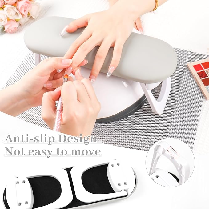 Nail Arm Rest, Professional Foldable PU Leather Nail Hand Rest with PVC Table Mat for Acrylic Nails, Soft Nail Hand Pillow Non-slip for Manicure Salon Use (higher-Grey)