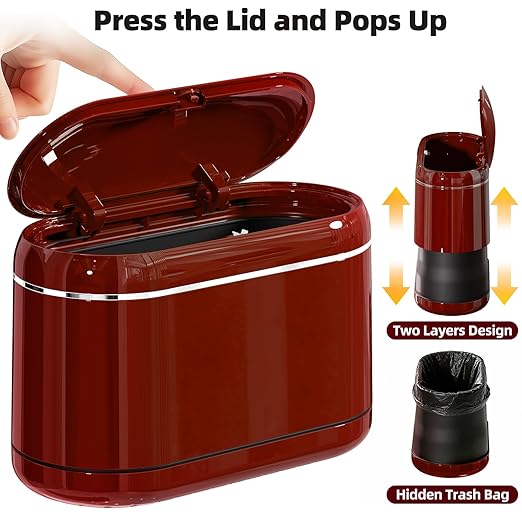 Mini Trash Can for Desk with 5 Rolls of Trash Bags, Small Press-Top Countertop Garbage Bin, Removable Waste Basket for Bedroom, Vanity, Coffee Table, Kitchen (Red Full-Lid)